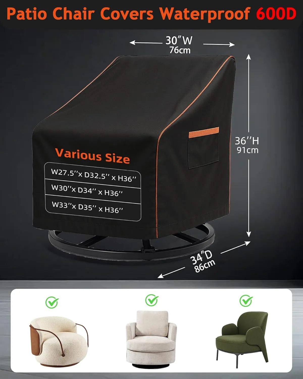 Outdoor Waterproof Patio Chair Covers, Heavy Duty oxford coating Weather Resistant Patio Furniture Covers 600D 30W x 34D x 36H inches 2-Pack, Black