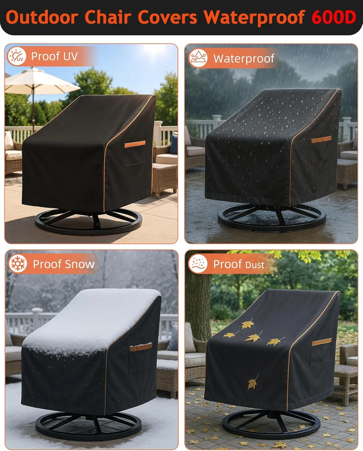 Outdoor Waterproof Patio Chair Covers, Heavy Duty oxford coating Weather Resistant Patio Furniture Covers 600D 30W x 34D x 36H inches 2-Pack, Black