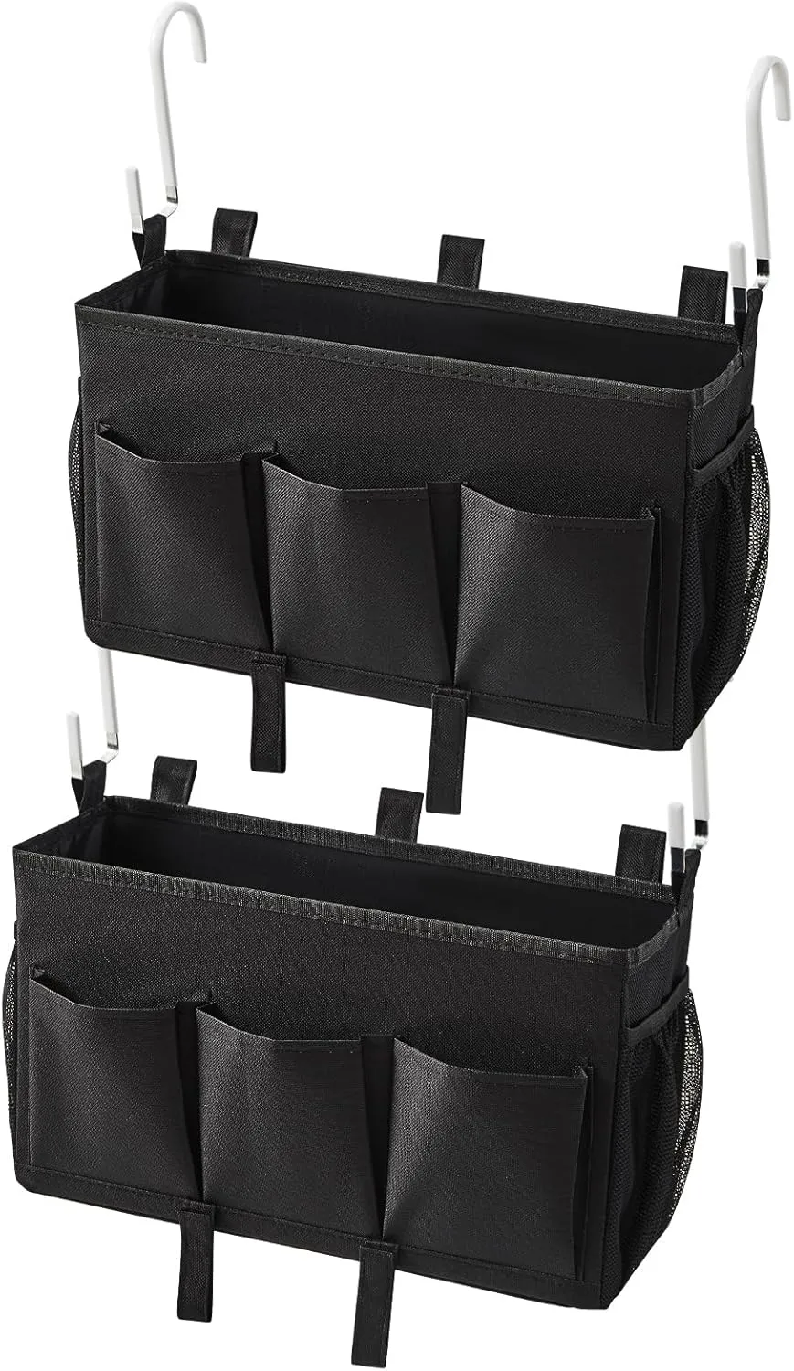 Over-the-Bed Storage Caddy, Black Bedside Organizer with 3 Pockets and 2 Hooks and 3 Fixed Straps, 2 Pack