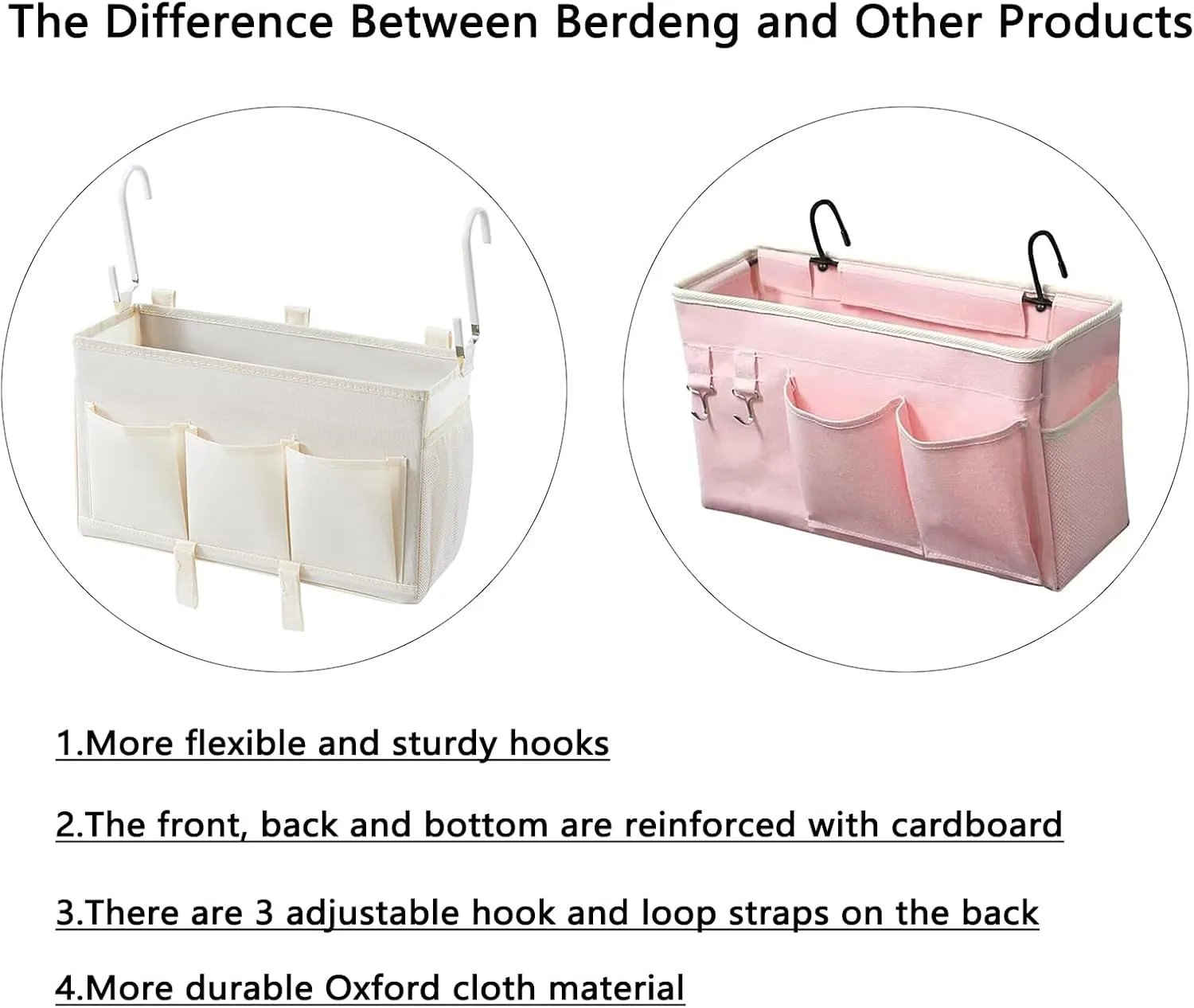 Over-the-Bed Storage Caddy, Black Bedside Organizer with 3 Pockets and 2 Hooks and 3 Fixed Straps, 2 Pack