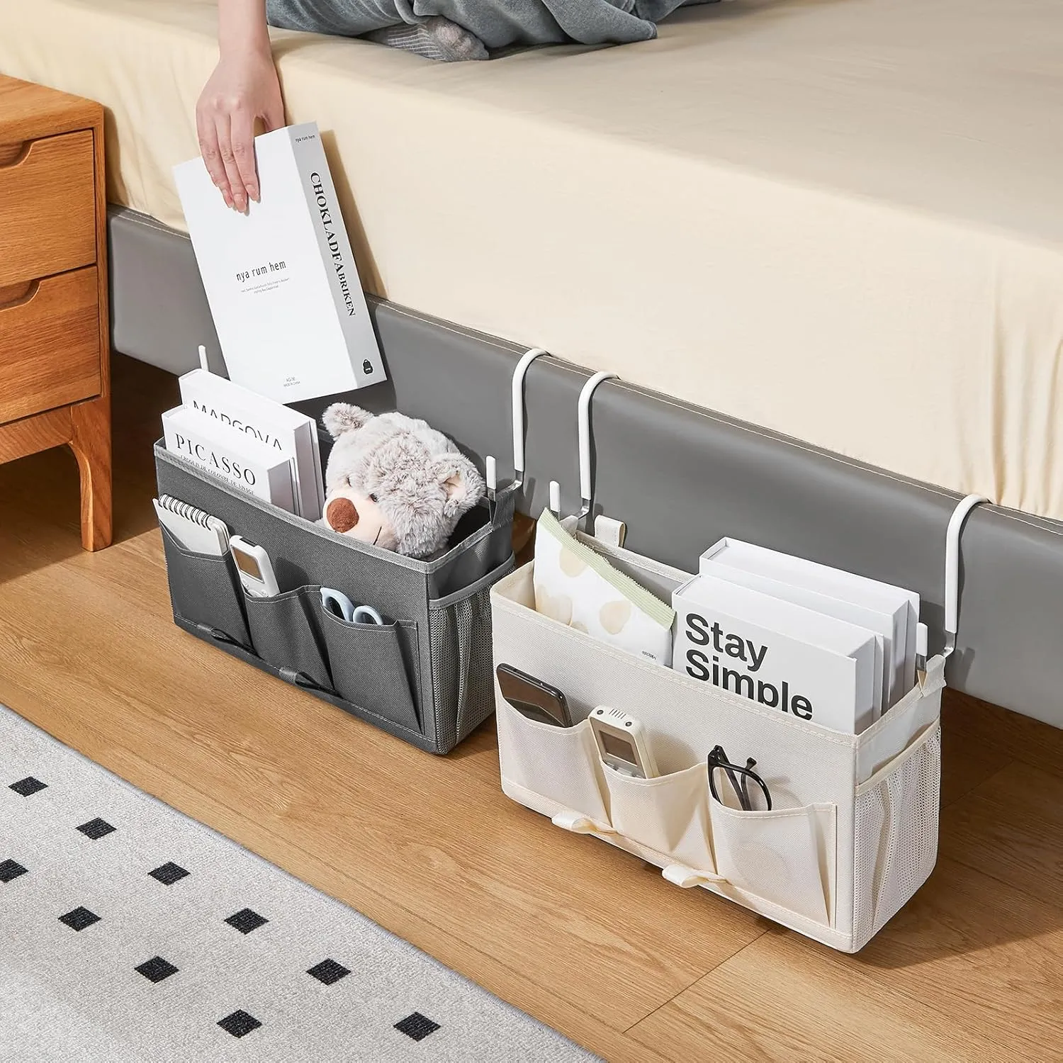 Over-the-Bed Storage Caddy, Black Bedside Organizer with 3 Pockets and 2 Hooks and 3 Fixed Straps, 2 Pack