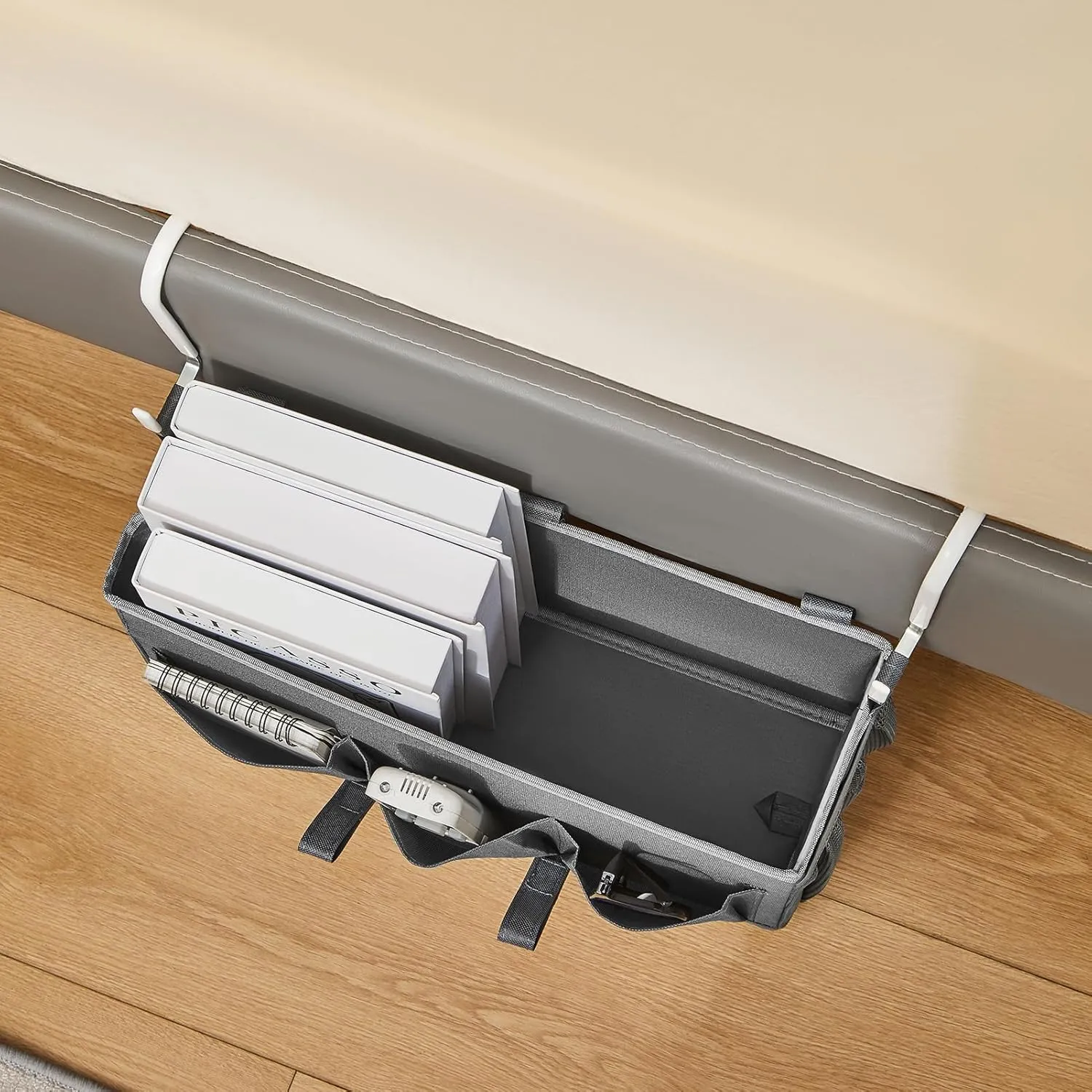 Over-the-Bed Storage Caddy, Black Bedside Organizer with 3 Pockets and 2 Hooks and 3 Fixed Straps, 2 Pack