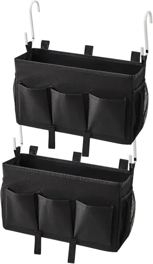 Over-the-Bed Storage Caddy, Black Bedside Organizer with 3 Pockets and 2 Hooks and 3 Fixed Straps, 2 Pack
