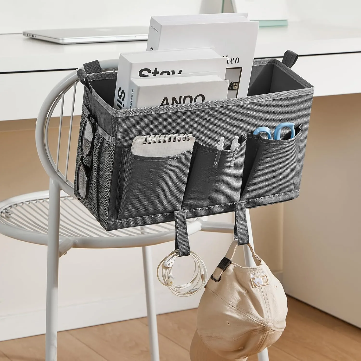 Over-the-Bed Storage Caddy, Black Bedside Organizer with 3 Pockets and 2 Hooks and 3 Fixed Straps, 2 Pack