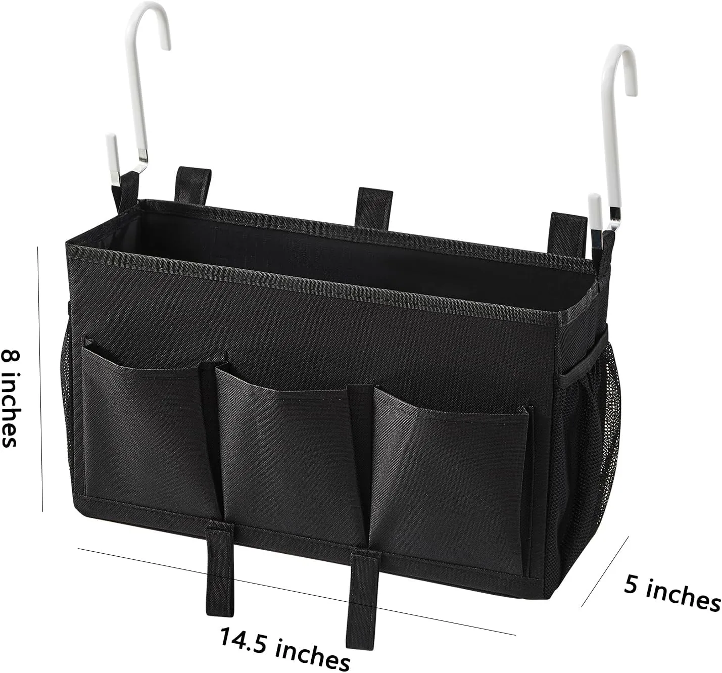 Over-the-Bed Storage Caddy, Black Bedside Organizer with 3 Pockets and 2 Hooks and 3 Fixed Straps, 2 Pack