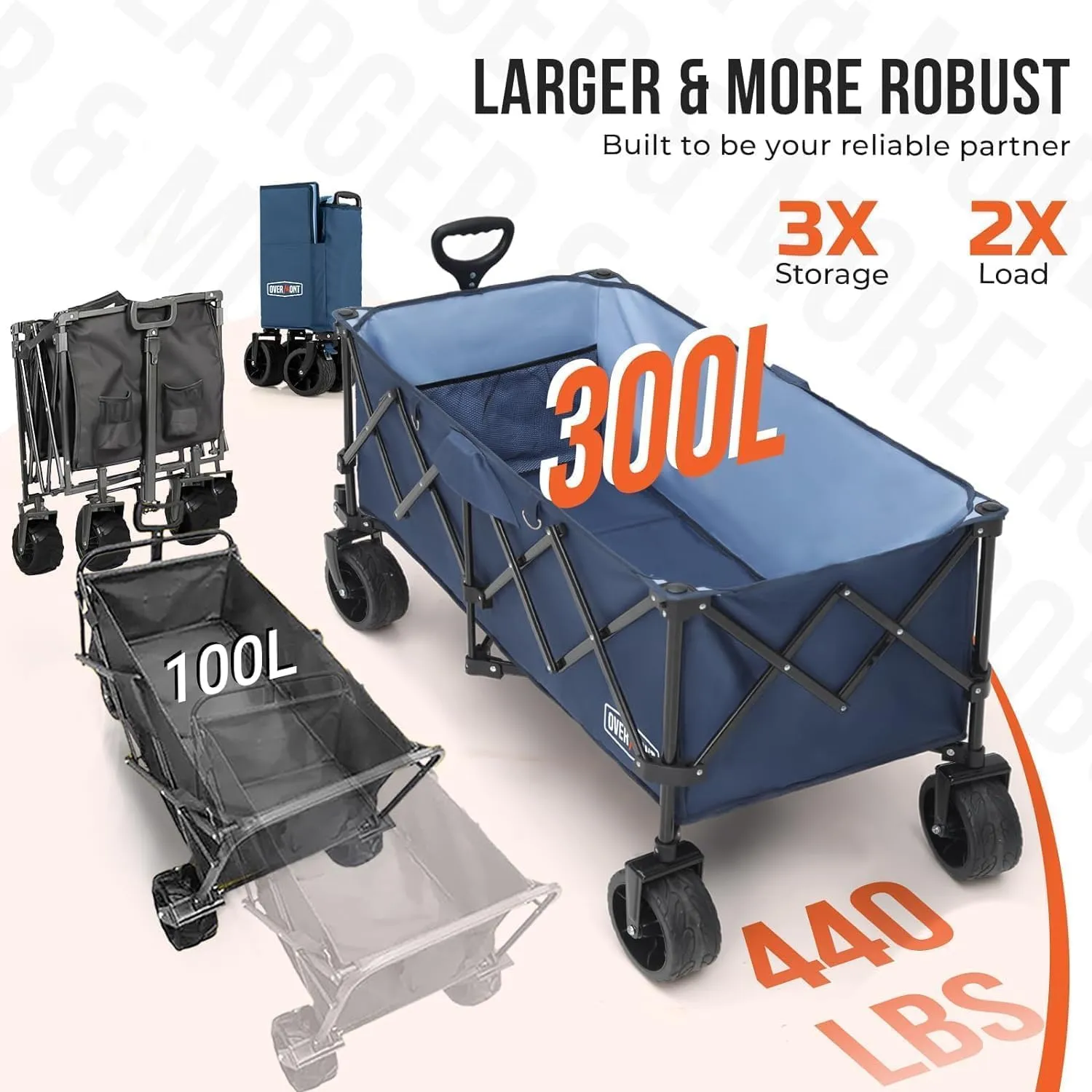 Overmont 45'' Collapsible Foldable Extended Wagon Cart - 300L Heavy Duty 440lbs Large Capacity Folding Utility Wagon with All-Terrain Wide Wheels for Camping Sports Grocery Picnic