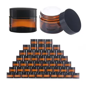 OverNews 2oz Amber Glass Jar Travel Size, 48PCS Empty Cosmetic Lotion Container with Black Lid & Spatula, Small Mini Jar for Beauty (Amber)
