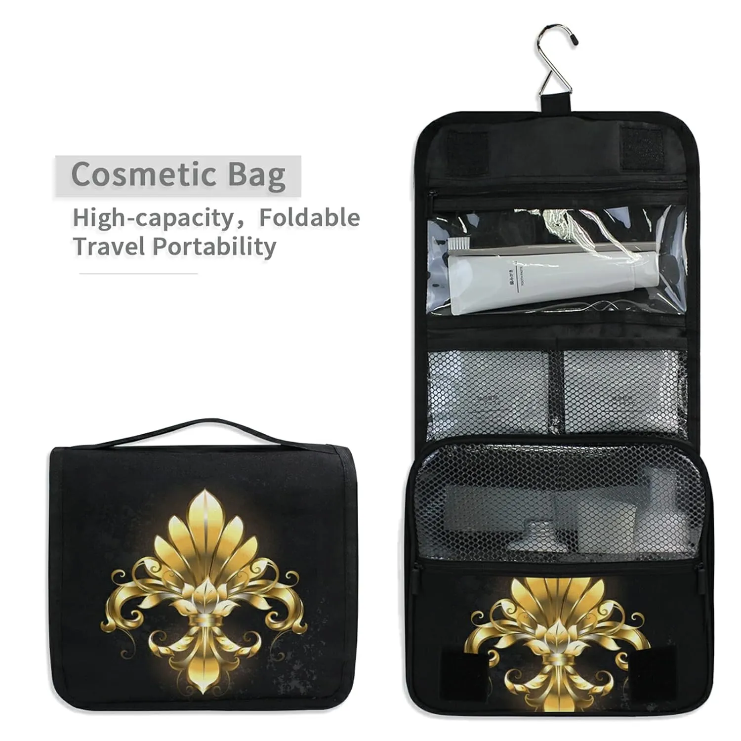 Oyihfvs Gold Fleur De Lis Hanging Wash Gargle Toiletry Bag Travel Cosmetic Makeup Case Organizer Storage Large Portable