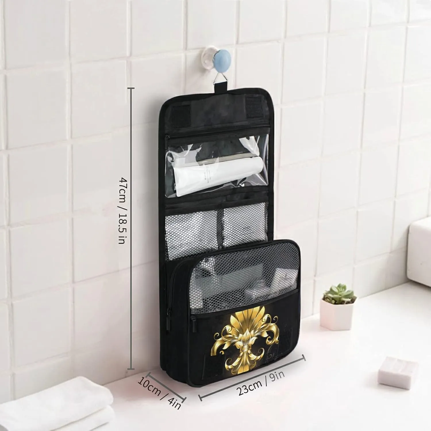 Oyihfvs Gold Fleur De Lis Hanging Wash Gargle Toiletry Bag Travel Cosmetic Makeup Case Organizer Storage Large Portable
