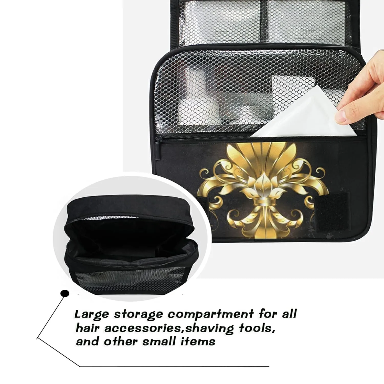 Oyihfvs Gold Fleur De Lis Hanging Wash Gargle Toiletry Bag Travel Cosmetic Makeup Case Organizer Storage Large Portable