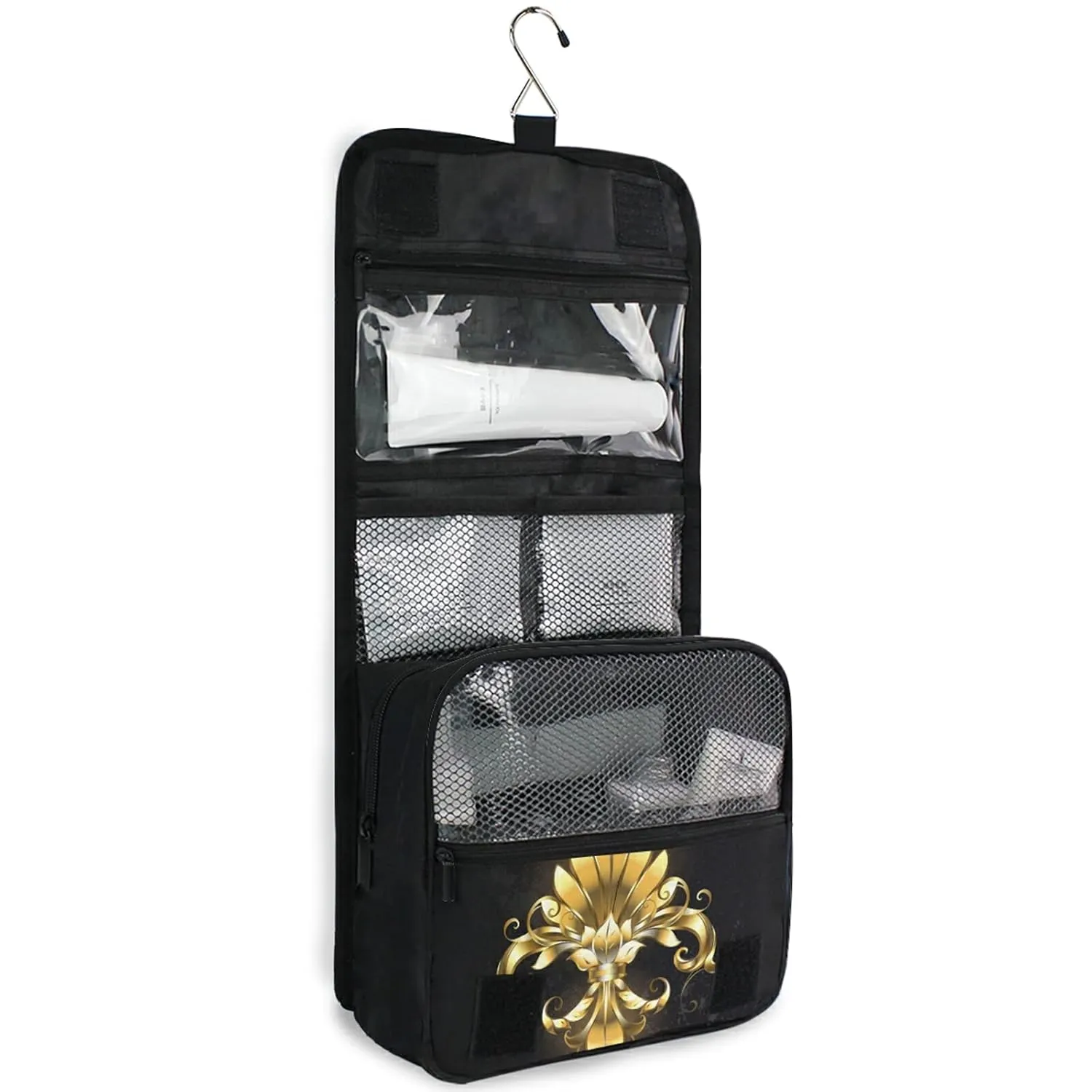 Oyihfvs Gold Fleur De Lis Hanging Wash Gargle Toiletry Bag Travel Cosmetic Makeup Case Organizer Storage Large Portable