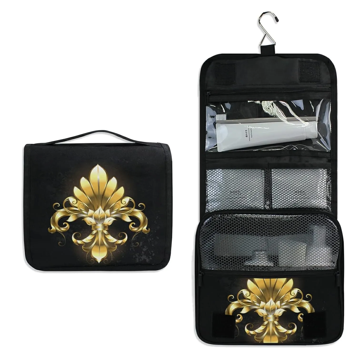 Oyihfvs Gold Fleur De Lis Hanging Wash Gargle Toiletry Bag Travel Cosmetic Makeup Case Organizer Storage Large Portable