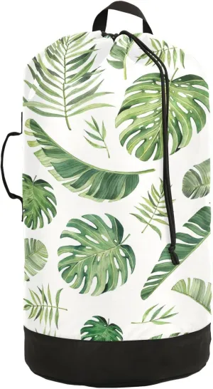 Oyihfvs Seamless Green Watercolor Tropical Leaves on White Background Backpack Laundry Bag, Laundry Backpack with Shoulder Straps, Waterproof Nylon Clothes Hamper Bag for Men Women Yoga Backpack