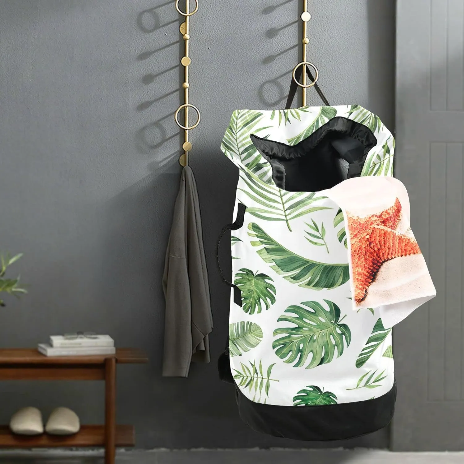 Oyihfvs Seamless Green Watercolor Tropical Leaves on White Background Backpack Laundry Bag, Laundry Backpack with Shoulder Straps, Waterproof Nylon Clothes Hamper Bag for Men Women Yoga Backpack