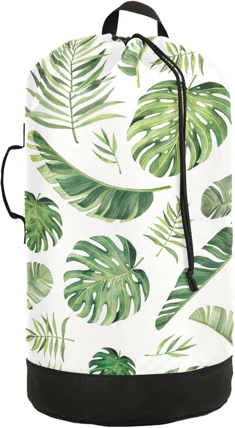 Oyihfvs Seamless Green Watercolor Tropical Leaves on White Background Backpack Laundry Bag, Laundry Backpack with Shoulder Straps, Waterproof Nylon Clothes Hamper Bag for Men Women Yoga Backpack