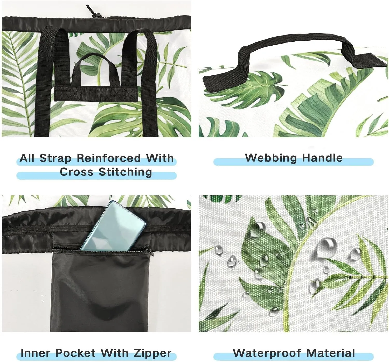 Oyihfvs Seamless Green Watercolor Tropical Leaves on White Background Backpack Laundry Bag, Laundry Backpack with Shoulder Straps, Waterproof Nylon Clothes Hamper Bag for Men Women Yoga Backpack