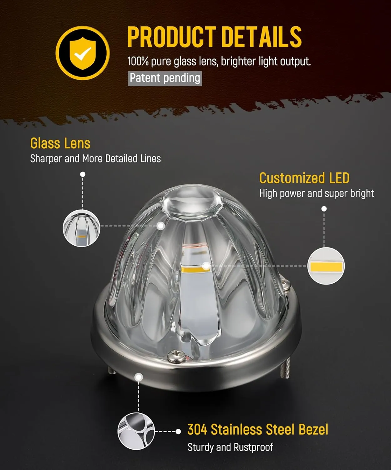 Partsam 2Pcs Glass Watermelon Lights [Patent Pending] Clear Lens Amber LED Side Marker Turn Signal Lights with Bezel Replacement for Kenworth Peterbilt Freightliner Trucks