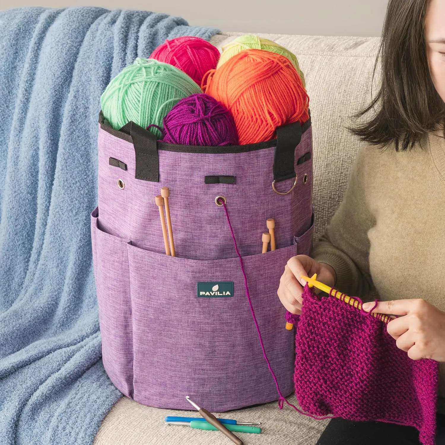 PAVILIA Crochet Bag Knitting Bag Organizer, Yarn Bag Storage Tote for Crocheting On The Go, Knitting Accessories Supplies Holder with Grommets, Gift for Crochet Lovers Knitters (Heather Purple)