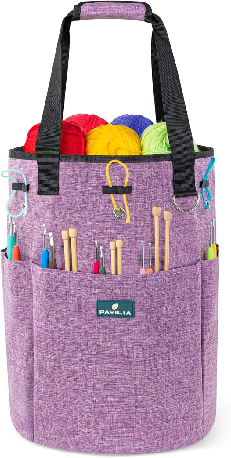 PAVILIA Crochet Bag Knitting Bag Organizer, Yarn Bag Storage Tote for Crocheting On The Go, Knitting Accessories Supplies Holder with Grommets, Gift for Crochet Lovers Knitters (Heather Purple)