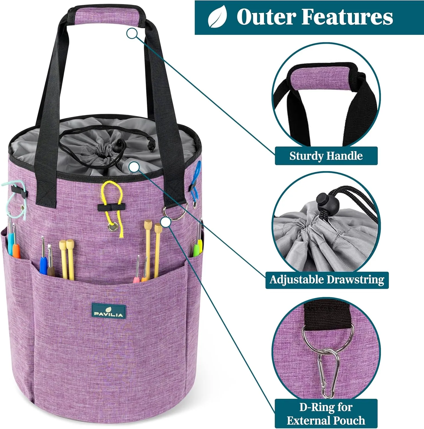 PAVILIA Crochet Bag Knitting Bag Organizer, Yarn Bag Storage Tote for Crocheting On The Go, Knitting Accessories Supplies Holder with Grommets, Gift for Crochet Lovers Knitters (Heather Purple)