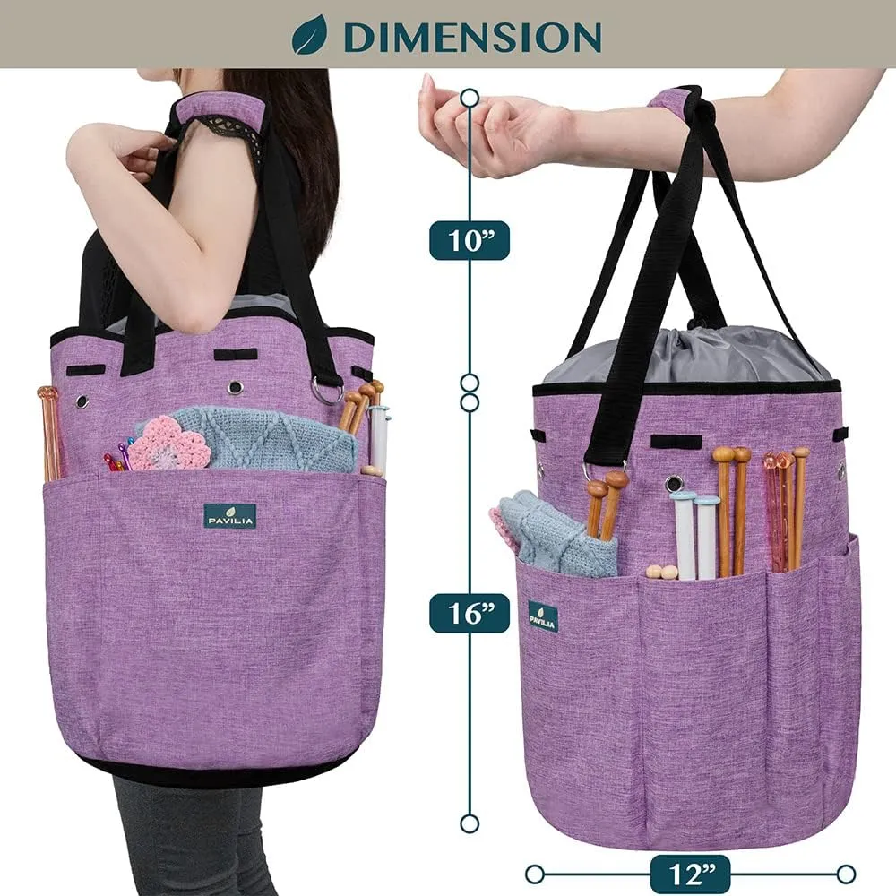 PAVILIA Crochet Bag Knitting Bag Organizer, Yarn Bag Storage Tote for Crocheting On The Go, Knitting Accessories Supplies Holder with Grommets, Gift for Crochet Lovers Knitters (Heather Purple)