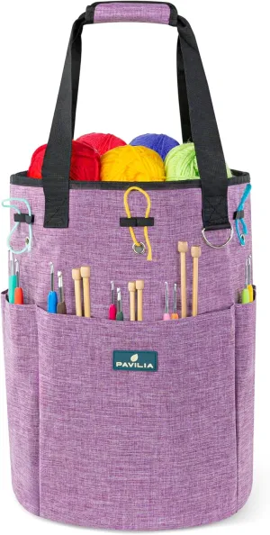 PAVILIA Crochet Bag Knitting Bag Organizer, Yarn Bag Storage Tote for Crocheting On The Go, Knitting Accessories Supplies Holder with Grommets, Gift for Crochet Lovers Knitters (Heather Purple)