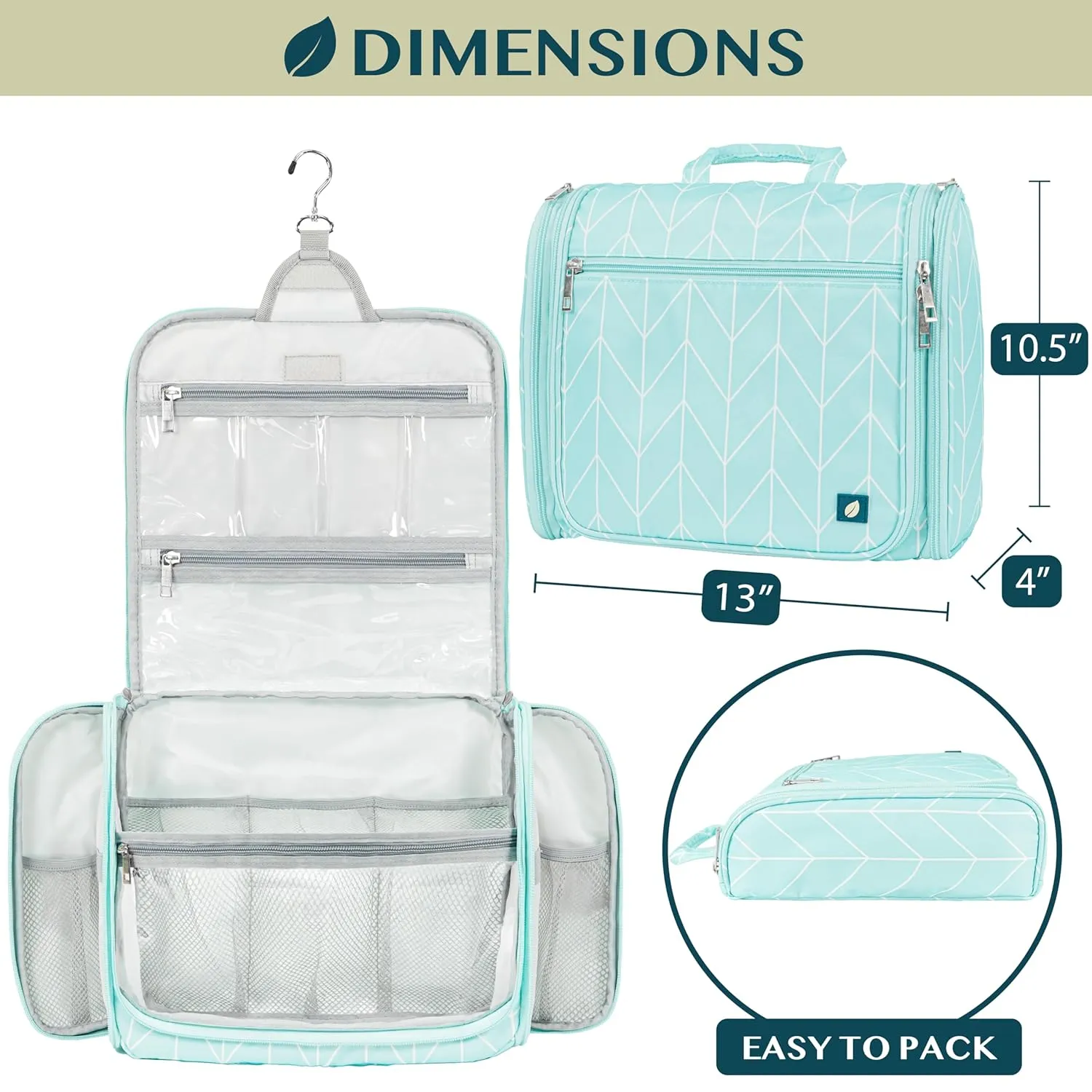 PAVILIA Large Hanging Toiletry Bag Travel Bag Women Men, Cosmetic Organizer, Water Resistant Makeup Bag Accessories Toiletries, Travel Essentials Kit, Teal Chevron