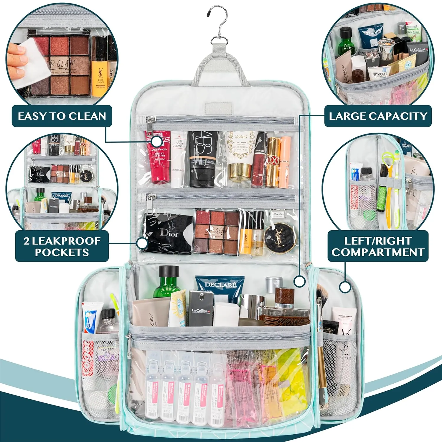 PAVILIA Large Hanging Toiletry Bag Travel Bag Women Men, Cosmetic Organizer, Water Resistant Makeup Bag Accessories Toiletries, Travel Essentials Kit, Teal Chevron