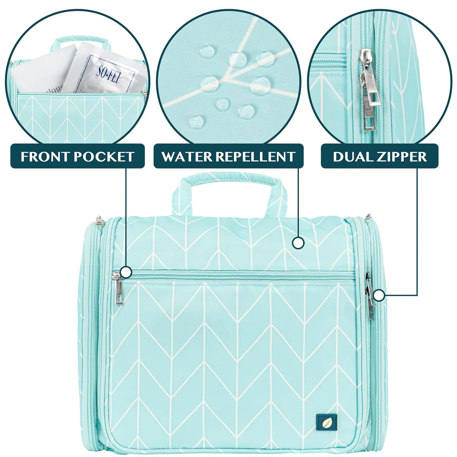 PAVILIA Large Hanging Toiletry Bag Travel Bag Women Men, Cosmetic Organizer, Water Resistant Makeup Bag Accessories Toiletries, Travel Essentials Kit, Teal Chevron