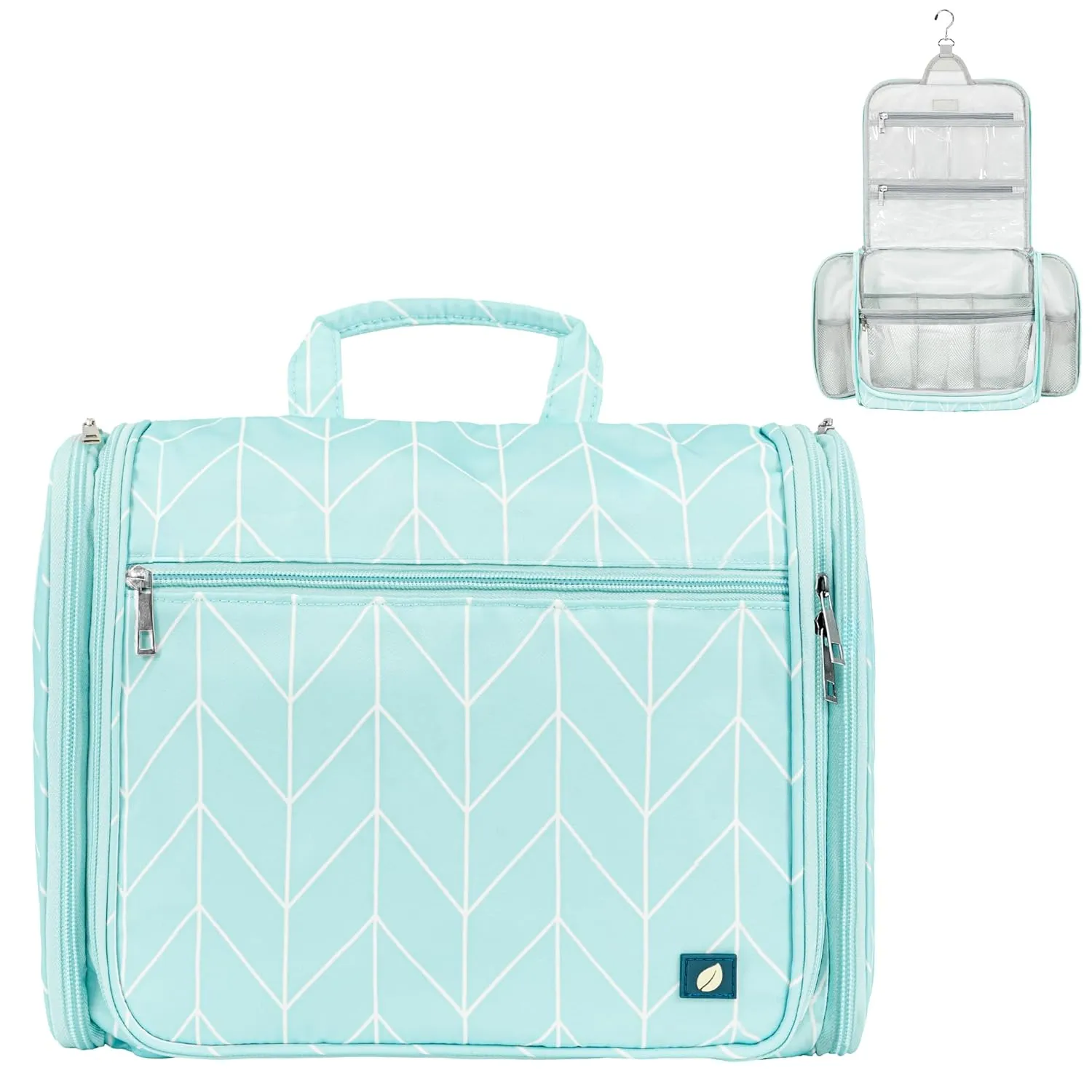 PAVILIA Large Hanging Toiletry Bag Travel Bag Women Men, Cosmetic Organizer, Water Resistant Makeup Bag Accessories Toiletries, Travel Essentials Kit, Teal Chevron