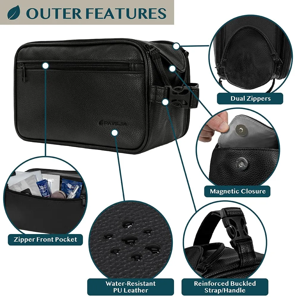 PAVILIA Toiletry Bag for Men, Travel Essentials Shaving Dopp Kit, Mens Travel Bag Toiletries Organizer Case for Grooming, PU Leather Water Resistant Cosmetic Bag Pouch (XL, Black)