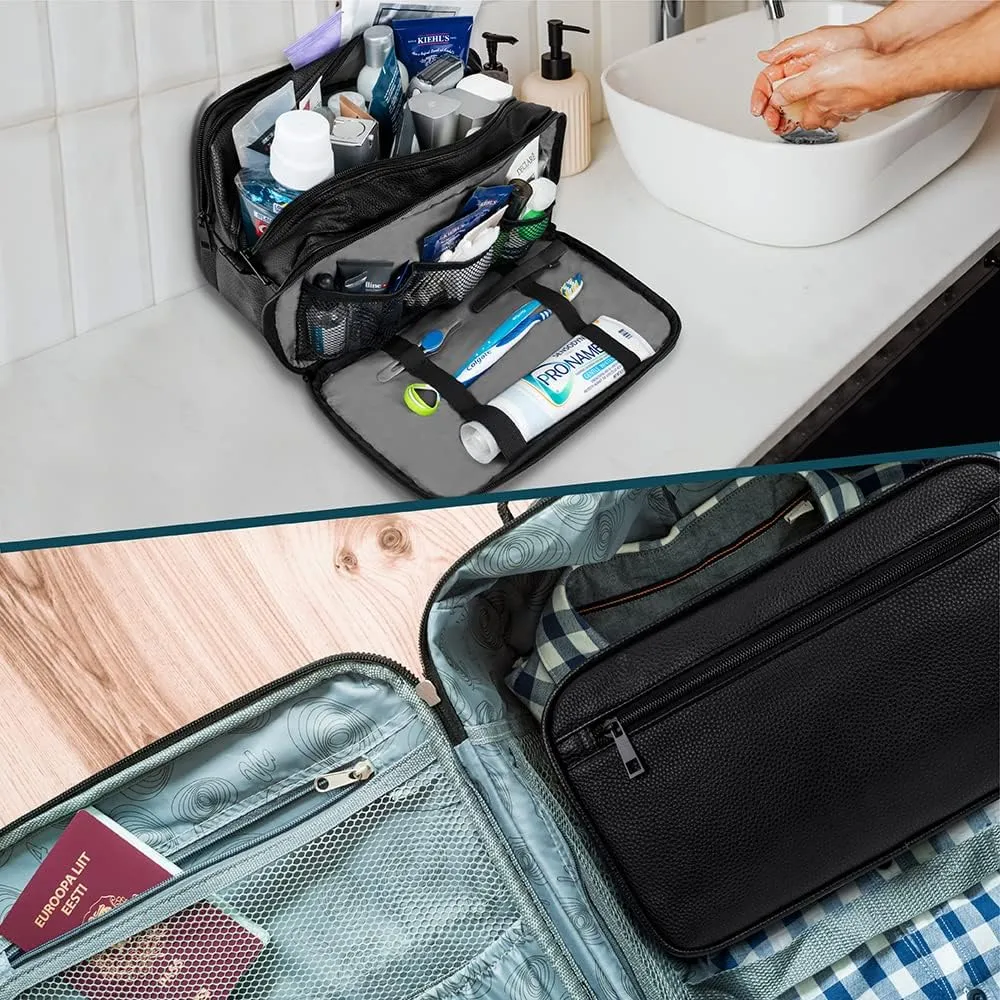 PAVILIA Toiletry Bag for Men, Travel Toiletries Bag | Water-resistant Dopp Kit, PU Leather Shaving Pouch Organizer for Accessories, Cosmetic, Hygiene, Grooming Essentials (Black)