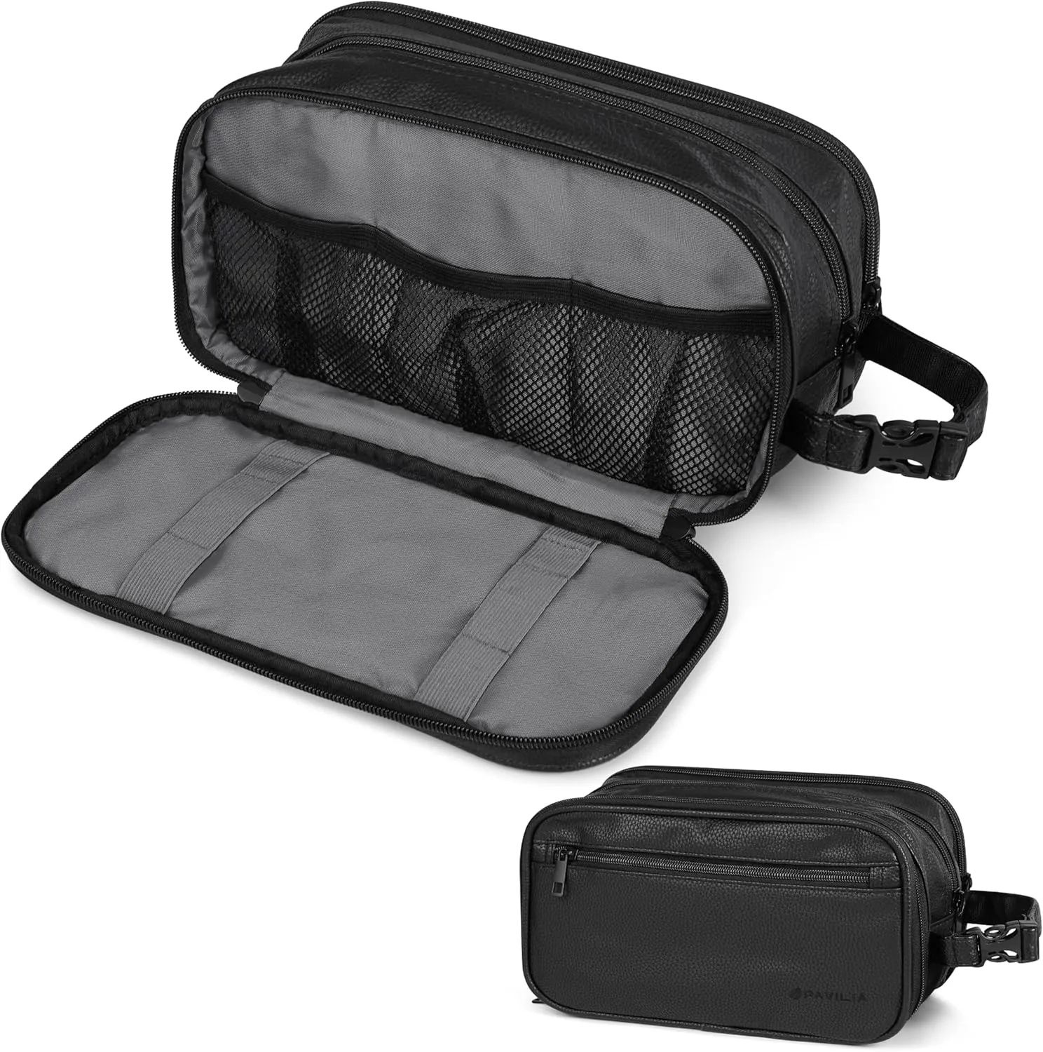 PAVILIA Toiletry Bag for Men, Travel Toiletries Bag | Water-resistant Dopp Kit, PU Leather Shaving Pouch Organizer for Accessories, Cosmetic, Hygiene, Grooming Essentials (Black)