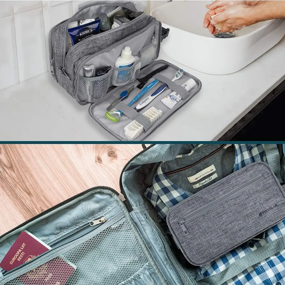 PAVILIA Toiletry Bag for Men, Travel Toiletries Bag | Water-resistant Dopp Kit, PU Leather Shaving Pouch Organizer for Accessories, Cosmetic, Hygiene, Grooming Essentials (Black)