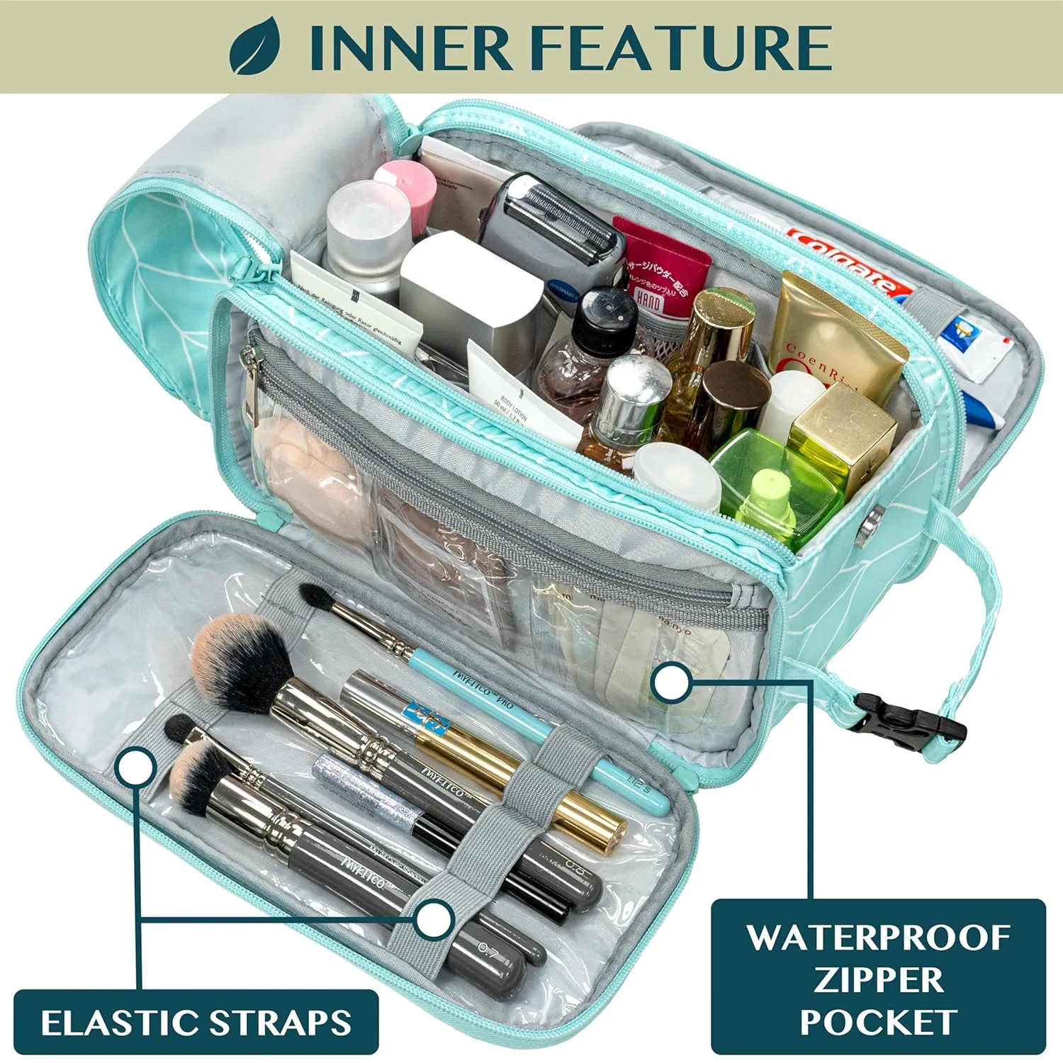 PAVILIA Toiletry Bag for Men Women, Mens Travel Bag Toiletries Organizer Case for Grooming, Travel Essentials Shaving Dopp Kit, PU Leather Water Resistant Cosmetic Pouch, Teal Chevron