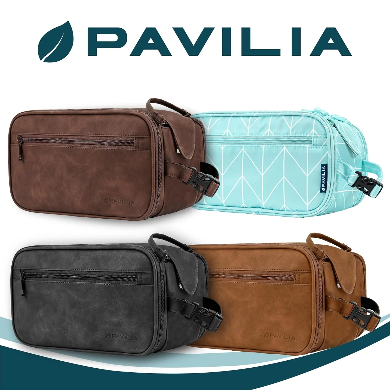 PAVILIA Toiletry Bag for Men Women, Mens Travel Bag Toiletries Organizer Case for Grooming, Travel Essentials Shaving Dopp Kit, PU Leather Water Resistant Cosmetic Pouch, Teal Chevron