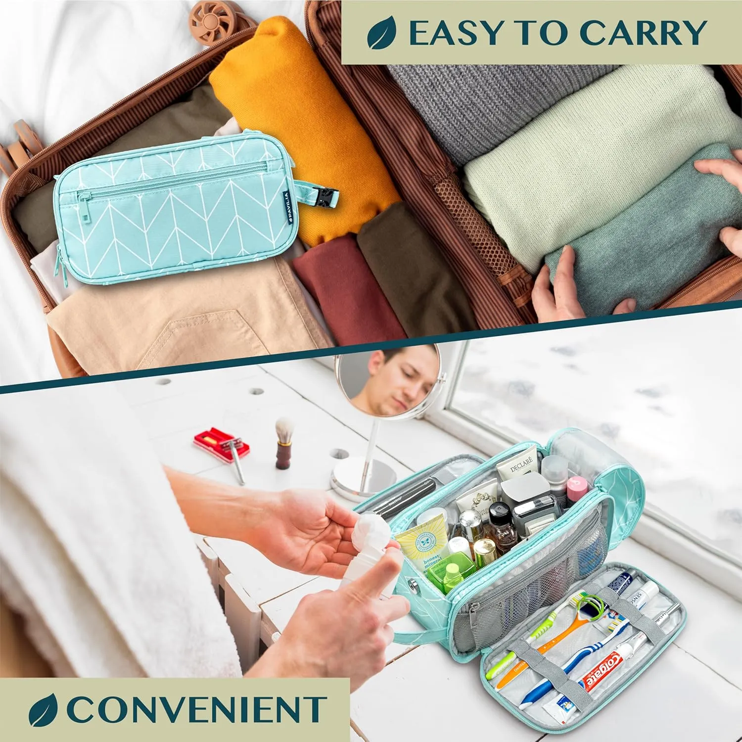 PAVILIA Toiletry Bag for Men Women, Mens Travel Bag Toiletries Organizer Case for Grooming, Travel Essentials Shaving Dopp Kit, PU Leather Water Resistant Cosmetic Pouch, Teal Chevron