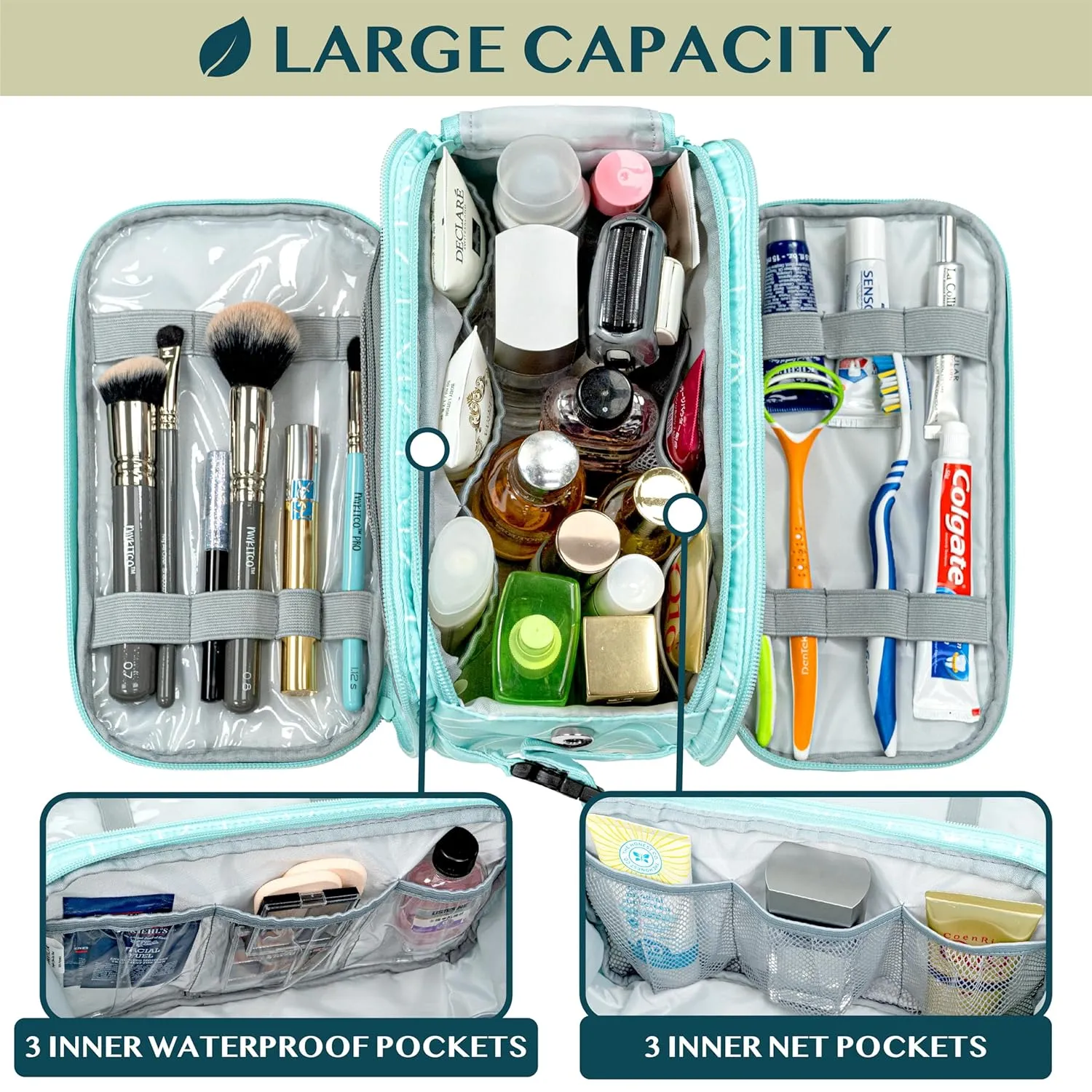 PAVILIA Toiletry Bag for Men Women, Mens Travel Bag Toiletries Organizer Case for Grooming, Travel Essentials Shaving Dopp Kit, PU Leather Water Resistant Cosmetic Pouch, Teal Chevron
