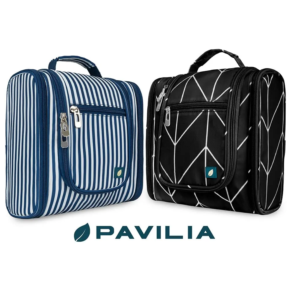 PAVILIA Toiletry Bag Travel Bag for Women Men, Hanging Cosmetic Organizer, Water Resistant Makeup Bag for Accessories Toiletries, Large Travel Essentials Kit (Black Chevron)