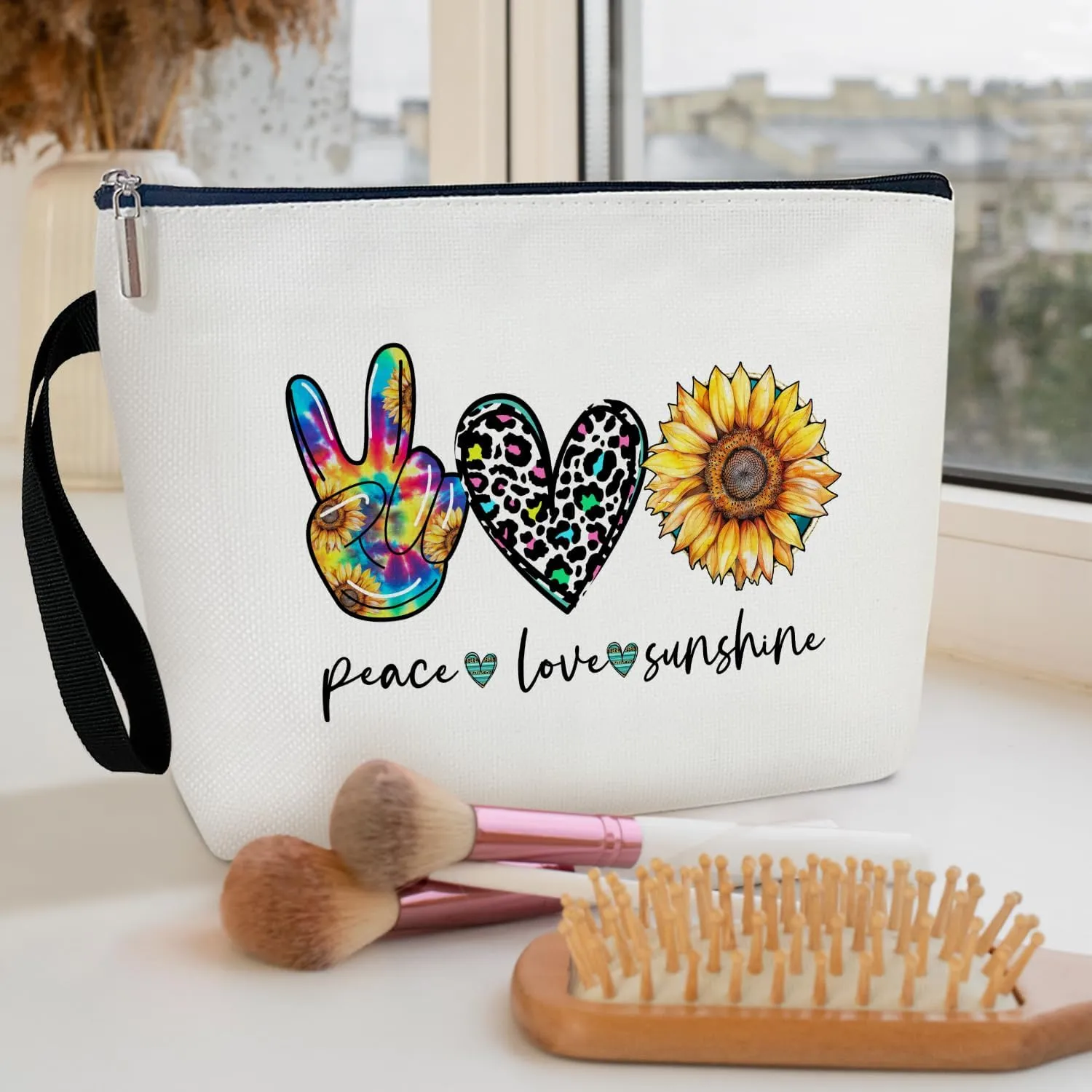Peace Love Cosmetic Bag for Women Friends Accessories Organizer, Travel Essentials Purse Toiletry Pouch Makeup Bag with Zipper(Peace Love sunshine)