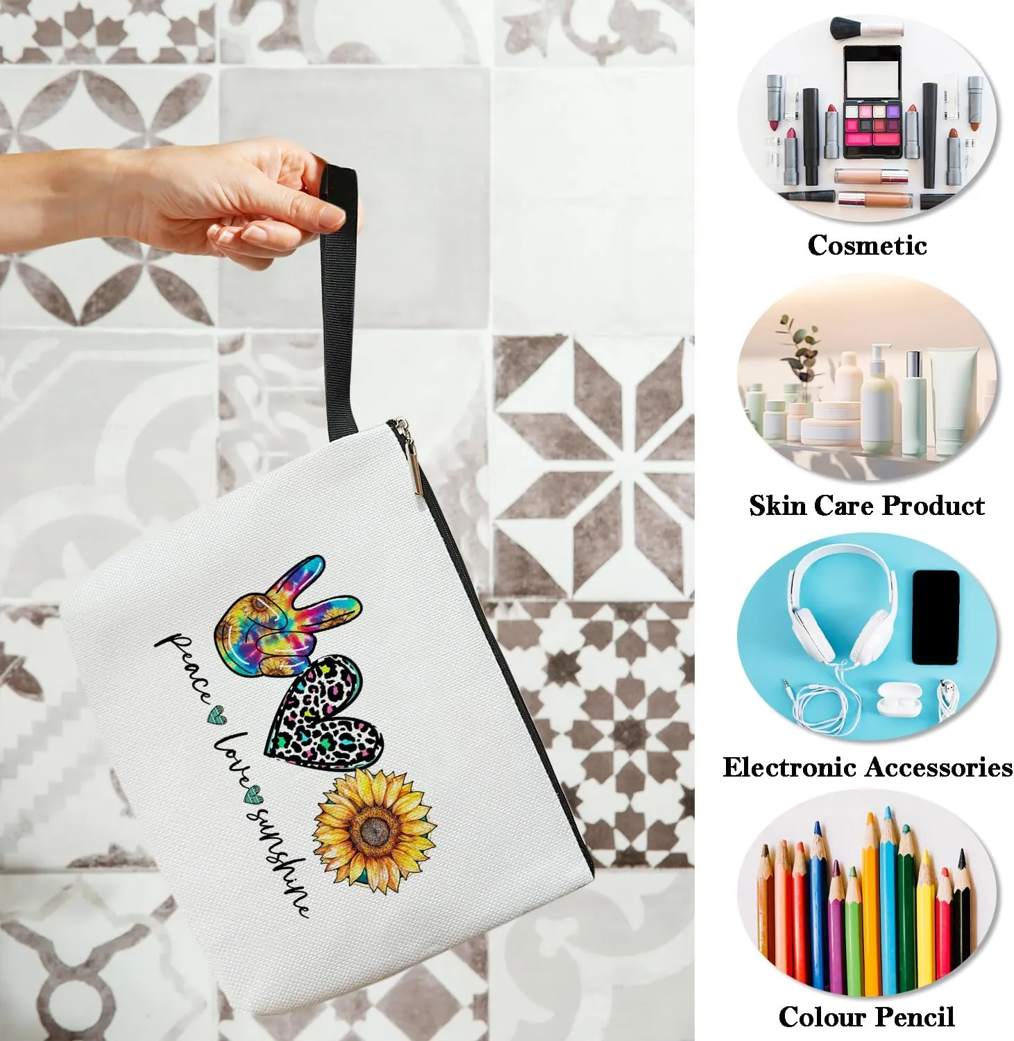 Peace Love Cosmetic Bag for Women Friends Accessories Organizer, Travel Essentials Purse Toiletry Pouch Makeup Bag with Zipper(Peace Love sunshine)