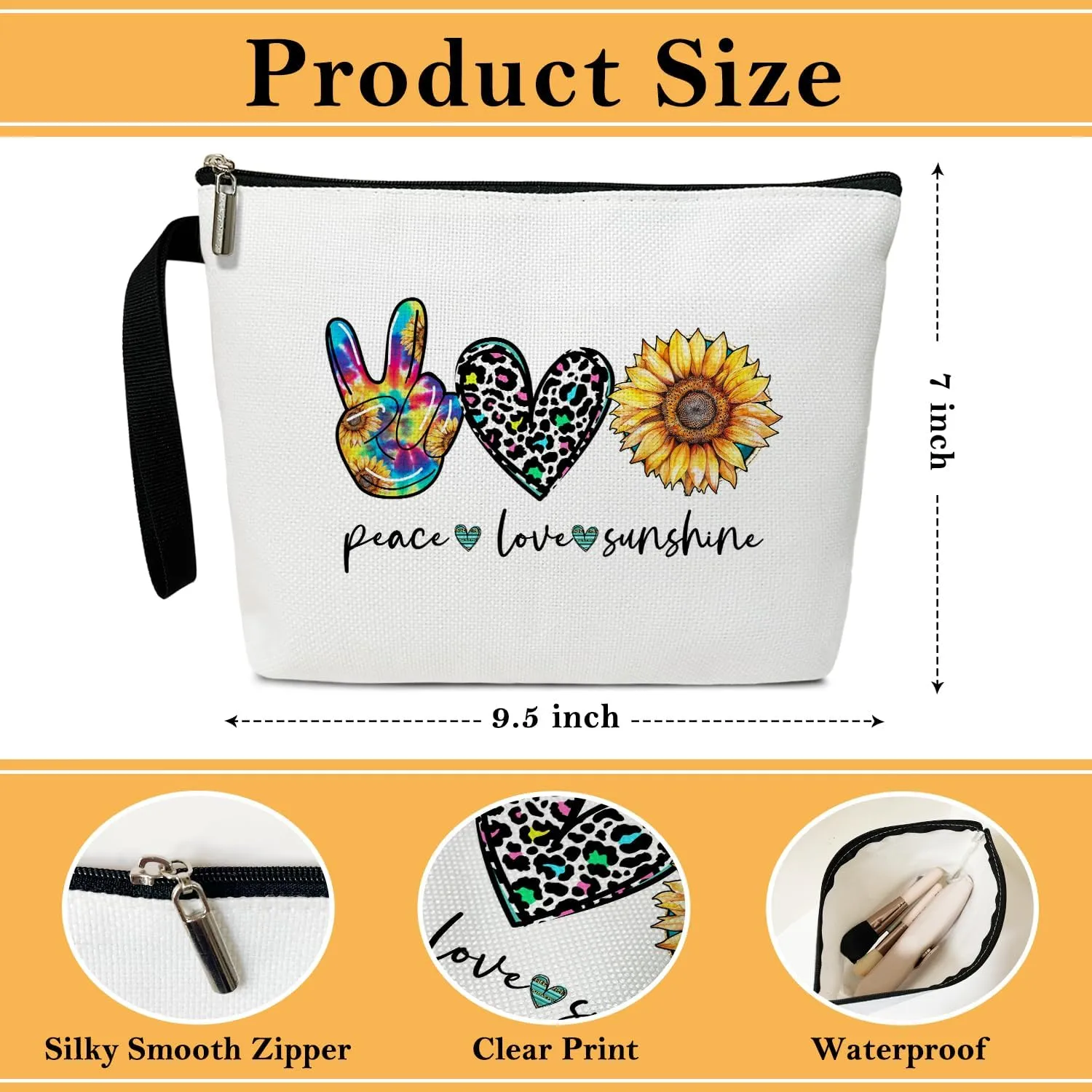 Peace Love Cosmetic Bag for Women Friends Accessories Organizer, Travel Essentials Purse Toiletry Pouch Makeup Bag with Zipper(Peace Love sunshine)