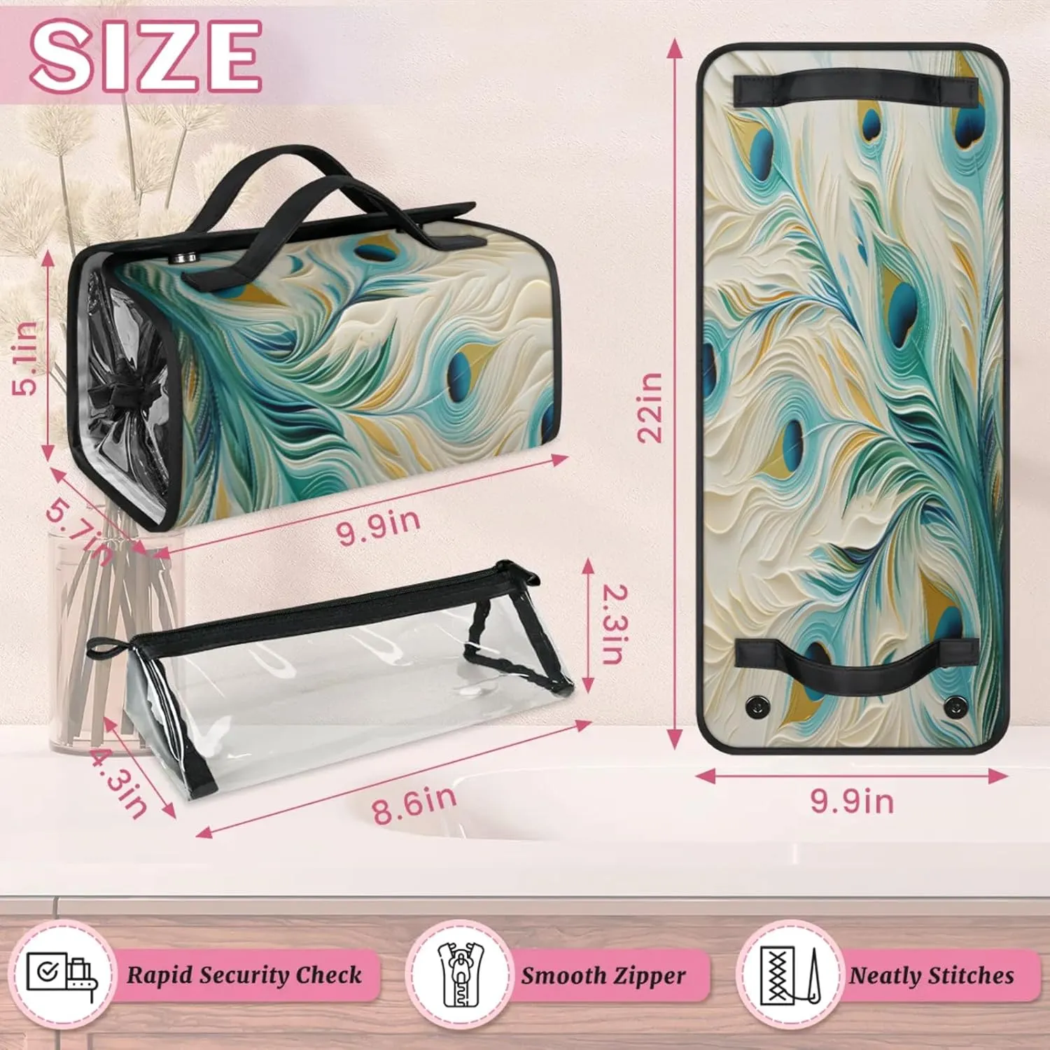 Peacock Feather Paper Toiletry Bag Water Proof Travel Makeup Case Large Capacity 4 in 1 Foldable Cosmetics Storage for Women Men Removable Zipper Clear PVC Pockets