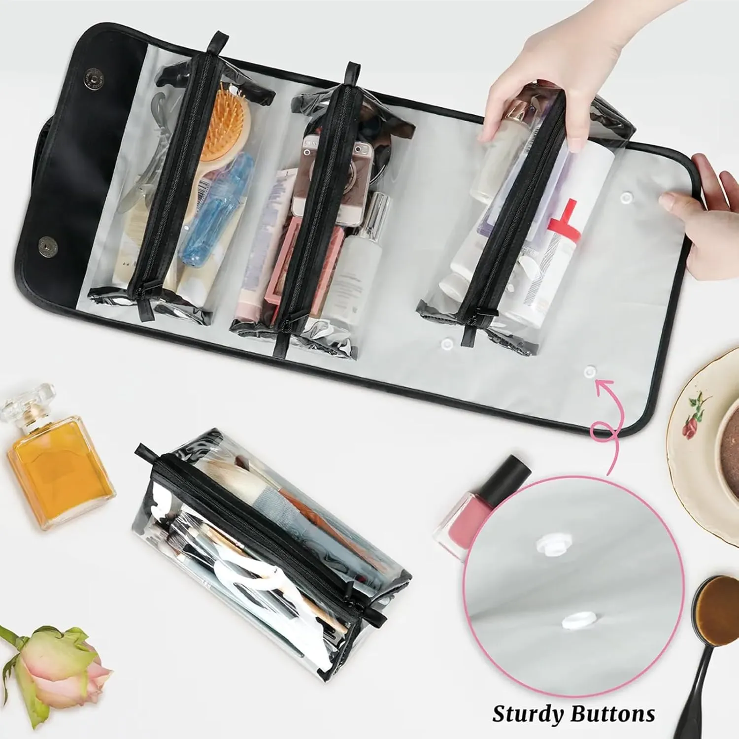 Peacock Feather Paper Toiletry Bag Water Proof Travel Makeup Case Large Capacity 4 in 1 Foldable Cosmetics Storage for Women Men Removable Zipper Clear PVC Pockets