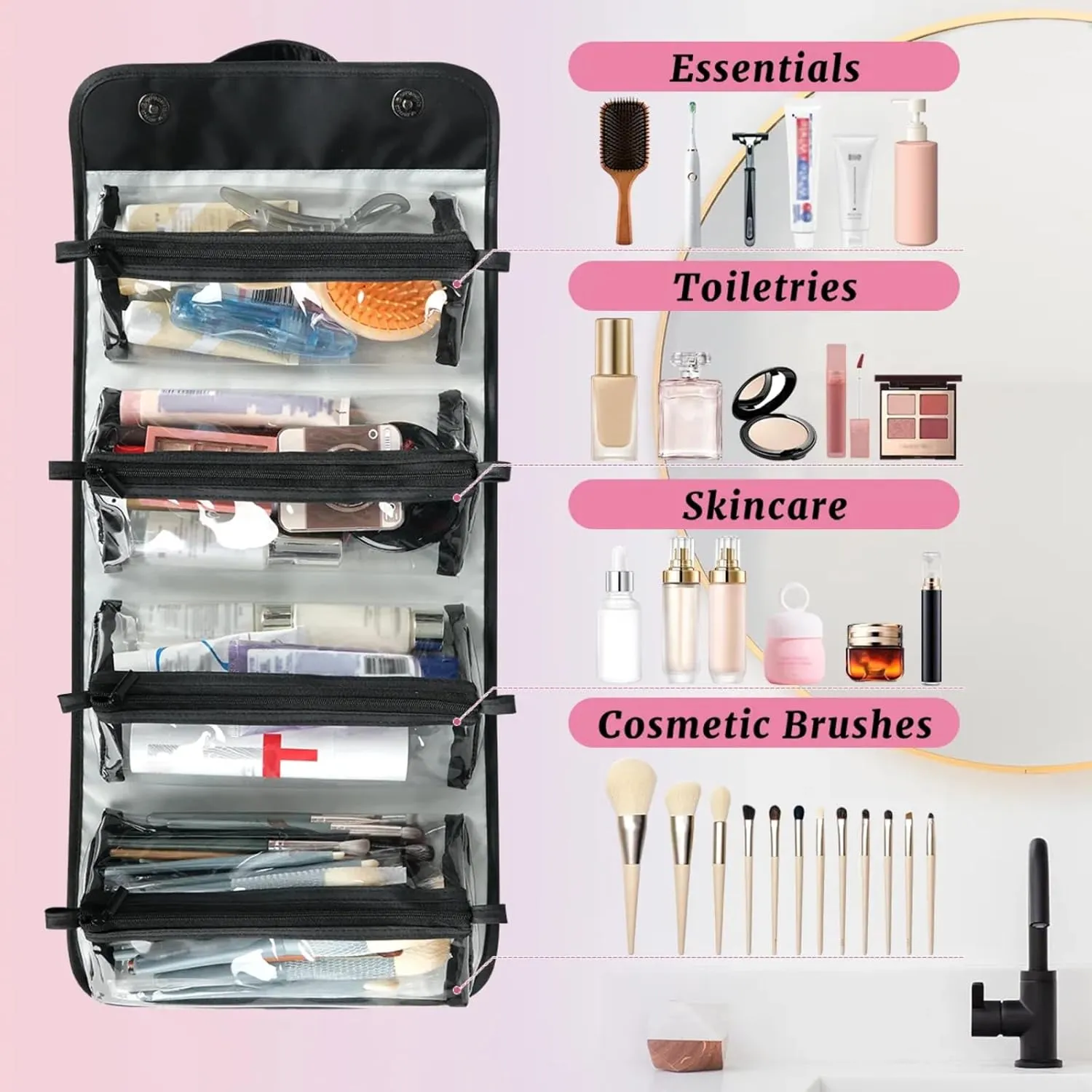 Peacock Feather Paper Toiletry Bag Water Proof Travel Makeup Case Large Capacity 4 in 1 Foldable Cosmetics Storage for Women Men Removable Zipper Clear PVC Pockets