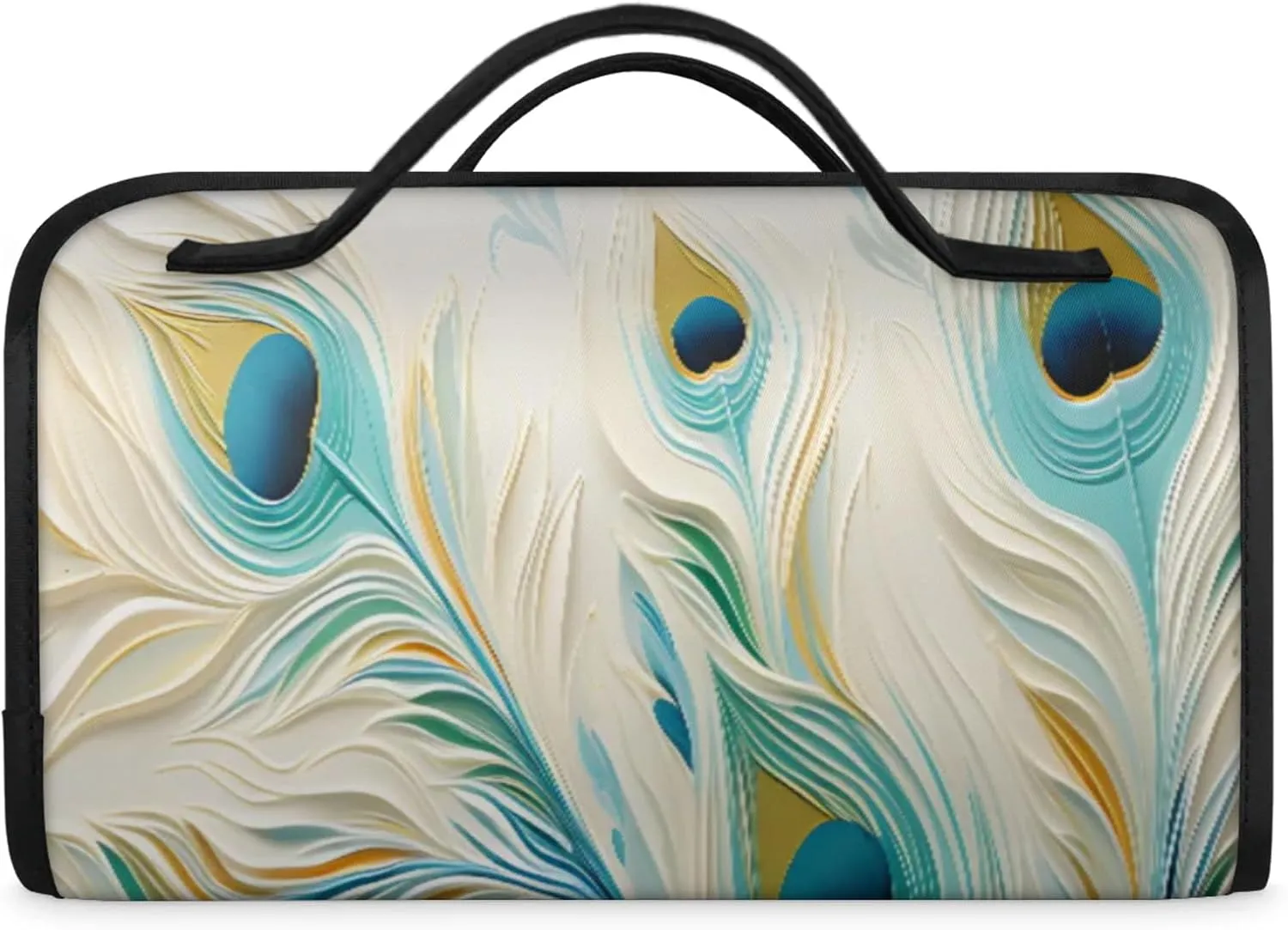 Peacock Feather Paper Toiletry Bag Water Proof Travel Makeup Case Large Capacity 4 in 1 Foldable Cosmetics Storage for Women Men Removable Zipper Clear PVC Pockets