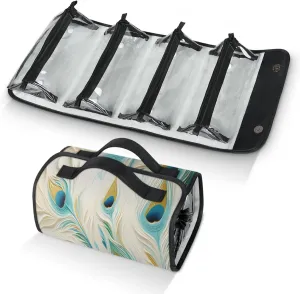 Peacock Feather Paper Toiletry Bag Water Proof Travel Makeup Case Large Capacity 4 in 1 Foldable Cosmetics Storage for Women Men Removable Zipper Clear PVC Pockets