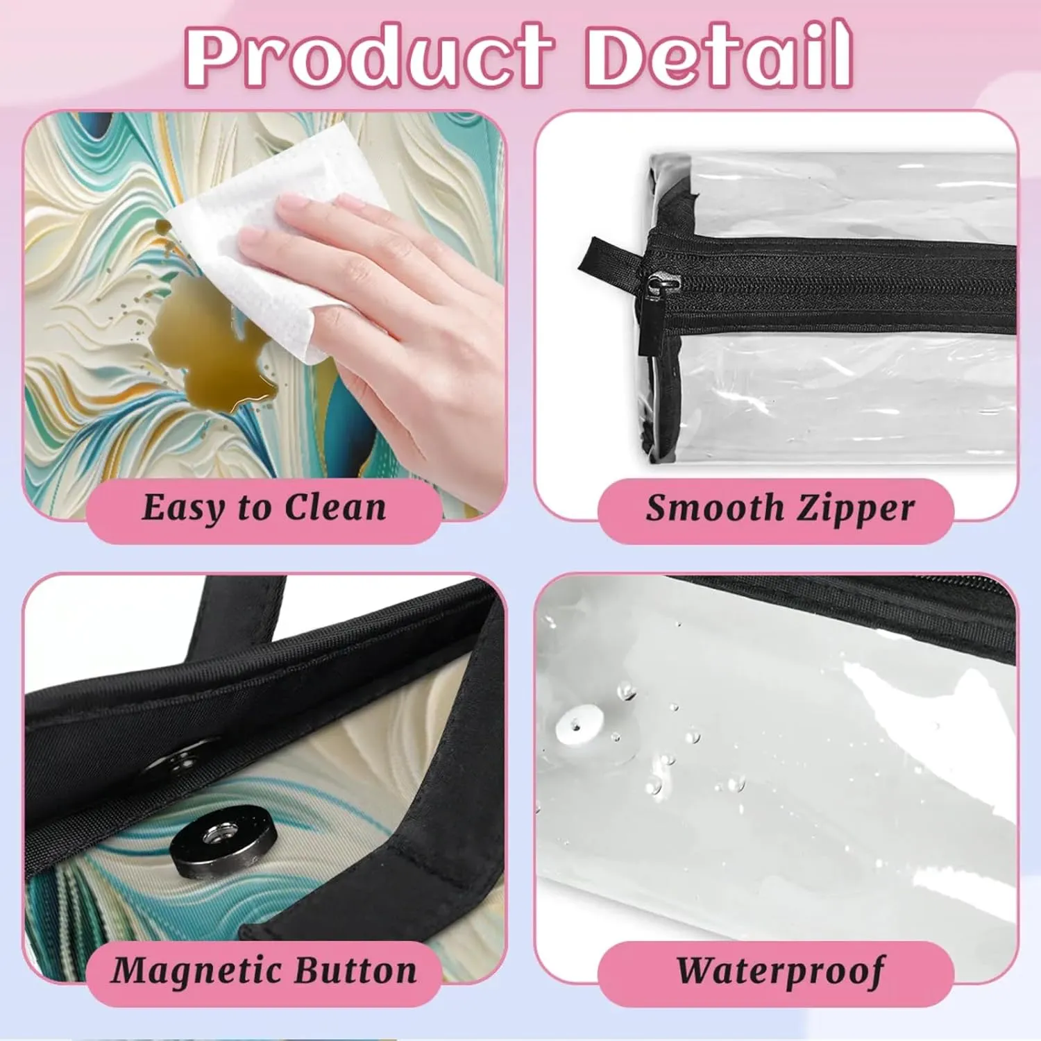 Peacock Feather Paper Toiletry Bag Water Proof Travel Makeup Case Large Capacity 4 in 1 Foldable Cosmetics Storage for Women Men Removable Zipper Clear PVC Pockets