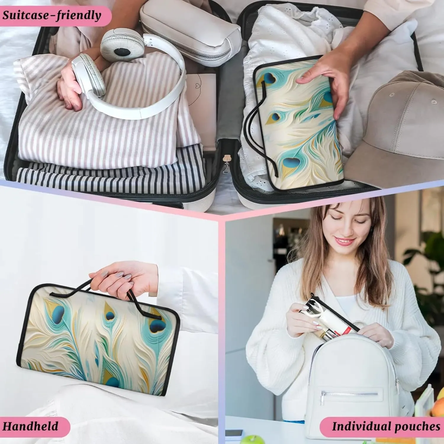 Peacock Feather Paper Toiletry Bag Water Proof Travel Makeup Case Large Capacity 4 in 1 Foldable Cosmetics Storage for Women Men Removable Zipper Clear PVC Pockets