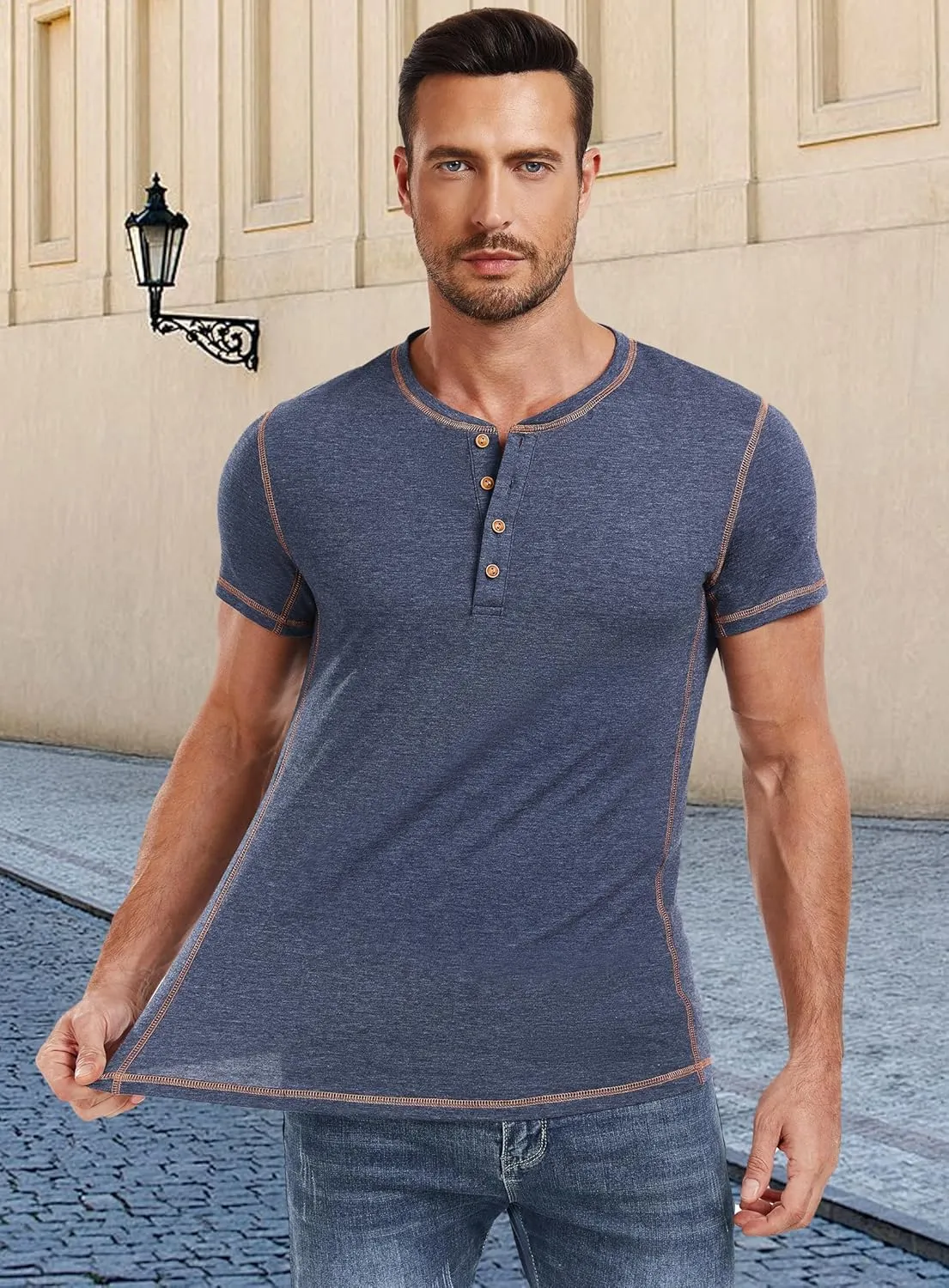 PEGENO Mens Cotton Henley Shirts Short Sleeve Casual T-Shirts Summer Button T Shirts